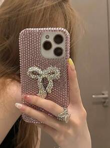 Bow-Knot Creative Minimalist Fashion Glass Crystal Wrapped Bowknot Phone Protective Case, Compatible With IPhone 16 Pro Max/15 Plus/XR, Anti-Drop Shiny Cover For Women