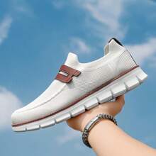 New Arrival Men's Casual Business Sports Shoes, Breathable Non-Slip Lightweight Running Shoes, Korean Style Versatile Large Size Men's Casual Shoes, White Simple Breathable Loafers, EVA Non-Slip Sole, Breathable Knit Material, Suitable For Home, Business, Parties, Walking And Daily Casual Wear, All-Season