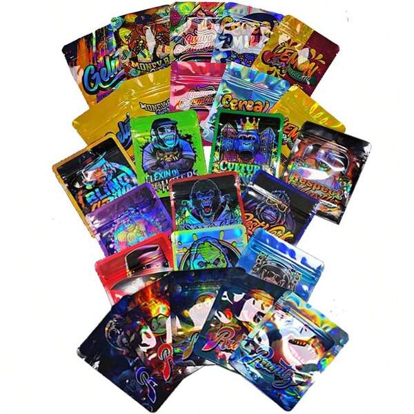 100pcs 3.5g Mylar Zip Lock Bag,Waterproof Bags With Cartoon Patterns,Odor-Proof Ziplock Resealable Bags Suitable For Storing Spices, Candy,Small Gifts,3D Laser Rainbow Holographic Smell-Proof 3.5g Stand Up Pouch