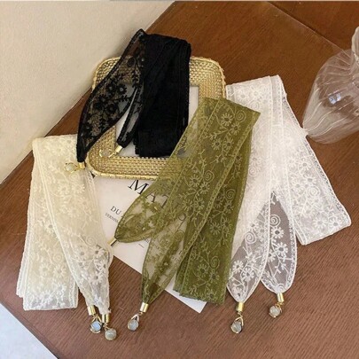 French Floral Lace Headband Hair Tie Scarf For Women, Hollow-Out Delicate Flower Ponytail Wrap