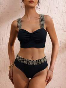 Swim Chiccia Summer Beach Ruched Contrast Tape Bikini Set - Black - View 1