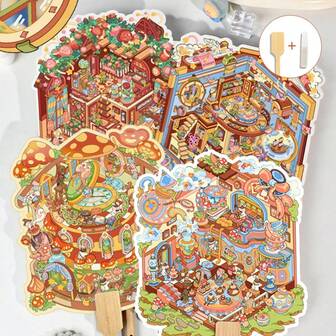 场景卡 *1+3 PET 贴纸 风景贴纸 梦幻扇面微缩场景贴纸 装饰贴纸 放松贴纸 2.5D 扇面装饰 PET 贴纸 成人减压打发时间