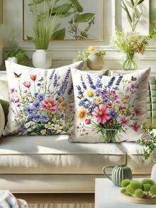 4 件薰衣草和野花图案印花枕套，柔软舒适的靠垫套，拉链开合，非常适合客厅沙发床卧室房间门廊露台汽车办公室家居户外装饰和礼品，单面印花无枕芯，三种尺寸可选，可机洗