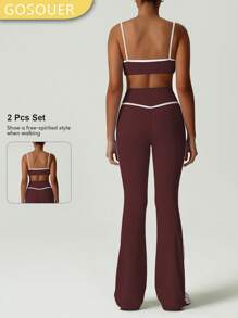 GOSOUER 2 pièces Set de sport pour femme, soutien-gorge de sport à couleur contrastée à la mode et pantalon évasé de danse de gym à taille haute sans couture avant