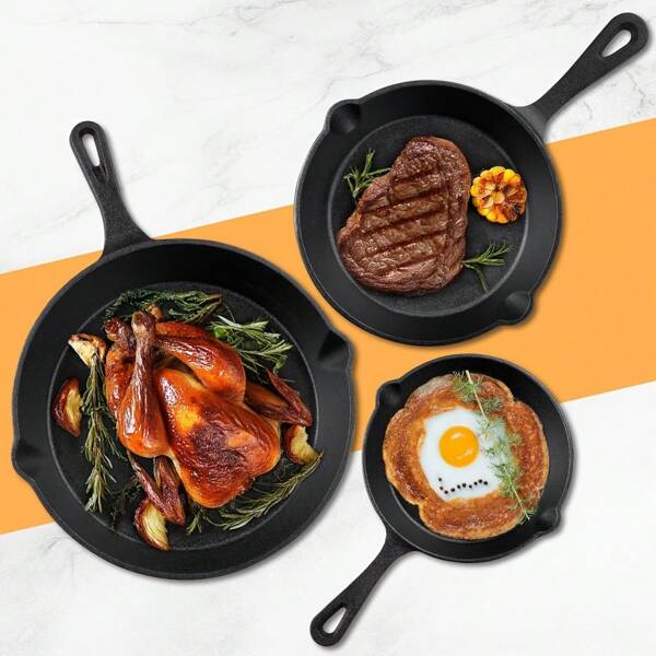 3PCS Cast Iron Saute And Fry Pan Set - Cast Iron Wok Skillet Set Pre-Seasoned Skillets In 6", 8", And 10" Sizes - Durable Cookware For Versatile Cooking Durable Cooking Pans For Camping, Indoor, And Outdoor Cooking - Versatile, Easy To Clean, And Heat Distribution Skillets
