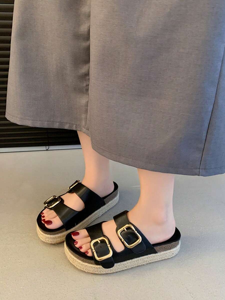 Sandalias de cuña con hebillas metálicas, alpargatas con plataforma - Negro - Ver 1
