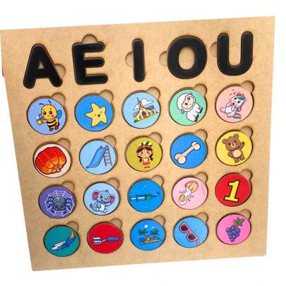 Jogo Aprendendo as Vogais com Imagens Brinquedo Educativo e Pedagógico em Madeira MDF