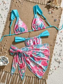 3 件佩斯利印花浅蓝色吊带上衣、三角形比基尼泳裤和雪纺裙泳衣套装，海滩度假风格 - 多色-貝殼 - 查看 2