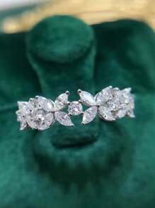 1pc Fashion Simple Four-Leaf Clover Single-Row Shiny Cubic Zirconia Rings For Women Copper Band White K Plated Accessories For Daily Wear And Party