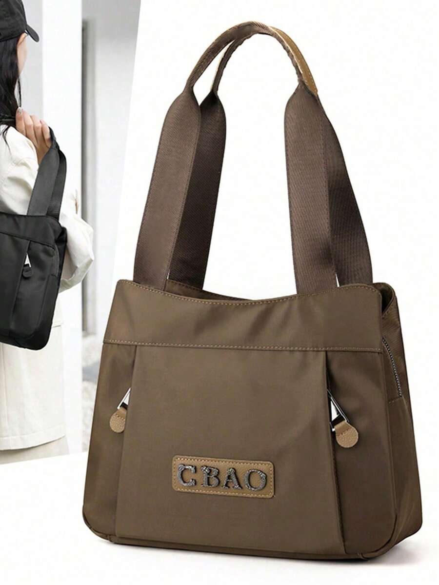 1 peça Bolsa de ombro feminina estilosa, bolsa de mão, grande capacidade, formato quadrado, vários bolsos, material de nylon resistente a arranhões, adequada para compras, encontros, reuniões, deslocamentos, bolsa de ombro elegante, minimalista, casual, chique, cor café, tamanho: 12,6 pol. x 9,5 pol. x 5,5 pol.