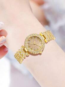 Set de 2 piezas de reloj con pulsera de mujer, con correa dorada, esfera con números árabes, sencillo y elegante, movimiento de cuarzo, adecuado para uso diario, decoración u obsequio para fiestas