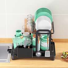 Pastilla de secado de platos de 2 niveles para una rejilla de plato de encimera de cocina con tope de drenaje y utensilios - Negro - Ver 4