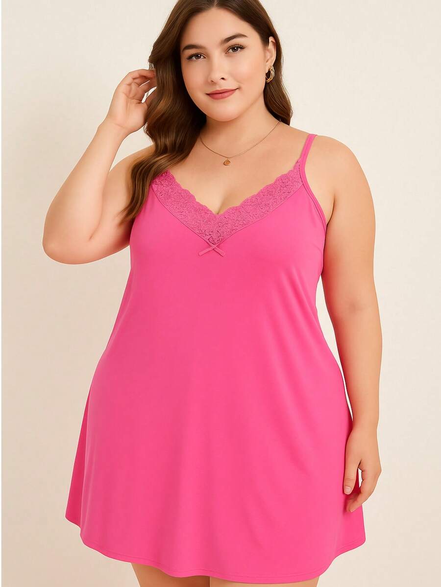Plus Size Classic Comfort Nightgown With Reinforced Adjustable Straps Silky Fabric - Promotion Large Women's Nightgown - 藕粉色 - 查看 1