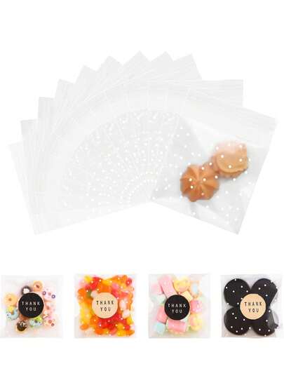 100 个白色波尔卡圆点饼干袋（带感谢贴纸），自粘式糖果袋塑料玻璃纸糕点袋，用于包装糖果派对礼品，带贴纸的糖果袋，自封玻璃纸袋饼干袋，适用于派对、婚礼、生日、女性伴娘生日、包装、透明、小尺寸、婚礼派对礼品、生日派对、纪念品、婚礼新娘礼物、单身派对用品、礼品包装
