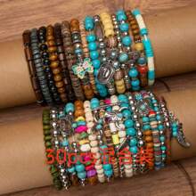 10pcs/20pcs/30pcs Bohemian Western Cowboy Style Turquoise Beaded Elastic Bracelet Set
