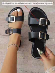 Livesso 2025 新款多带扣一脚蹬凉鞋，夏季必备，女士时尚简约宽带凉鞋，日常休闲度假沙滩防滑软底复古法式平底鞋，可搭配连衣裙 - 黑色 - 查看 3