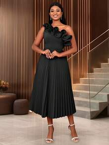 Asymmetric Ruffle Hem Pleated Dress