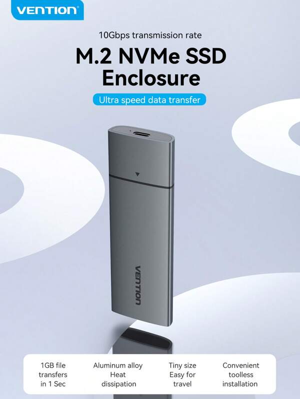 حافظة قرص صلب M.2 NVMe من VENTION - نقل فائق السرعة 10 جيجابت/ث، حقيبة قرص صلب من الألومنيوم بمنفذ USB-C، يدعم 2230/2242/2260/2280، وضع السكون التلقائي ودعم UASP/TRIM لأقراص SSD سعة 2 تيرابايت، تركيب بدون أدوات، منفذ مطلي بالنيكل (احصل على تخزين عالي السرعة الآن!)
