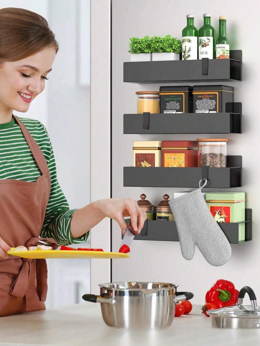 1/2/4pcs Magnetic Spice Storage Rack For Refrigerators And Ovens, Multi-Purpose Space Saving Refrigerator Storage Boxes And Storage, Magnetic Fridge Side Rack Storage Shelf Spice Rack Organizer Space Saving Kitchen (Black) - Black - View 1