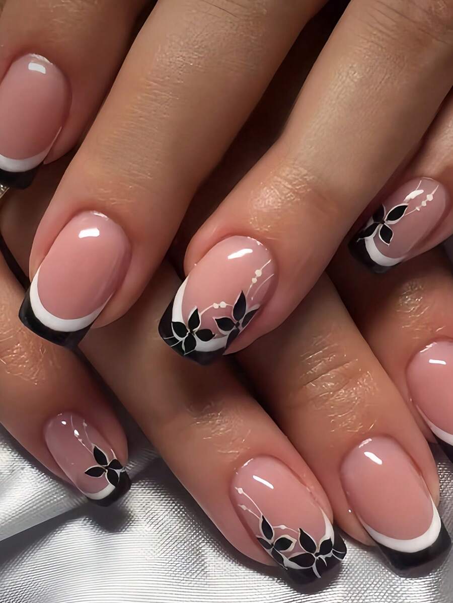 24 件中号方形指甲，复古优雅黑白双色法式花线假指甲，全覆盖可拆卸指甲艺术，适合女性和女孩，可立即提升您的外观，包括 1 片果冻凝胶和 1 个迷你锉刀果冻凝胶，随机发货，按压指甲，美甲用品，指甲