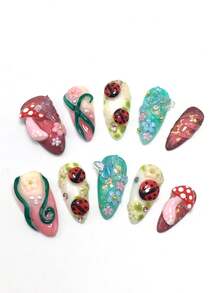 10 件套，2025 年新款 3D 夏季花卉美甲套装，25 毫米杏仁指甲，按压式指甲，美甲用品，海滩必备品，短指甲，夏季短指甲，可爱指甲，美甲，甜美 Y2k 风格，明星风格