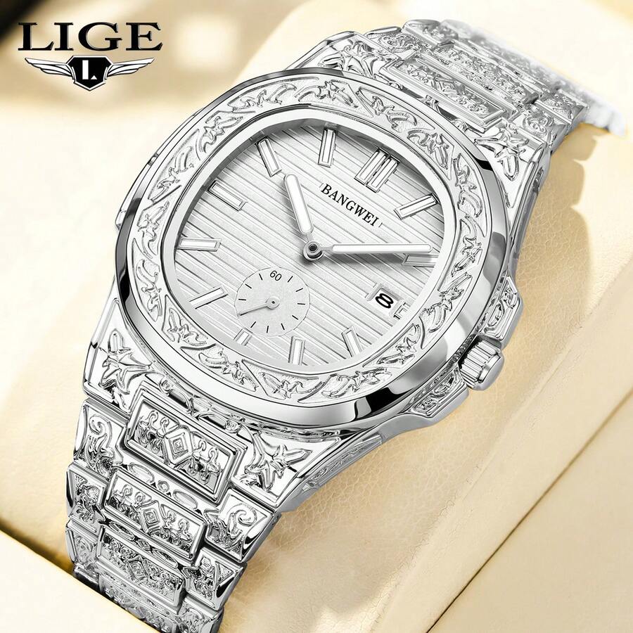 LIGE女士时尚优雅轻奢手表防水夜光多功能石英表独特图案表带经典手表 - 銀色 - 查看 1