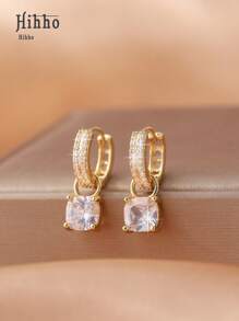 Hihho 1 Pair Fashionable Shiny White Square Zirconia Inlaid Pendant Earrings, Delicate & Lively Jewelry For Women, Suitable For Date, Party, Banquet, Wedding