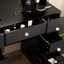 100cm Makeup Vanity Table With LED Mirror Drawers & Crystal Pull, Open Shelves Dressing Desk, Black Vanity Desk With Lighted Mirror / Led Bulbs For Bedroom