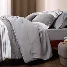 Queen Comforter Set 7 Pieces, Frost Grey Striped Bedding Set For Queen Size Bed Reversible, Cationic Dyeing Bed In A Bag With Comforter, Sheets, Pillowcases & Shams - Grey - View 6