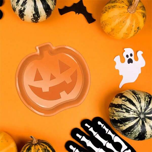 Juego de 3 platos de cena decorativos de plástico con formas de calabaza, fantasma y murciélago para caramelos y alimentos, aptos para fiestas familiares de Halloween, cenas al aire libre, bares, etc.