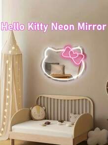 Sanrio 1 szt. Lustro ścienne do sypialni Anime Love Bow KT Cat Neon Lights, Toaletka, Garderoba, Salon, Korytarz, Neon Lights, Lustrzany pasek ściemnialny LED, Dekoracja łazienki w domu, Toaletka USB/zasilane baterią Neon Lights LED, Różowa dekoracja ścienna do sypialni, Nadaje się do pokojów, Przyjęć walentynkowych, Urodzin, Prezentów ślubnych, Domu, Dekoracji świątecznych, Podarunku dla Dziewczyn, Żon, Przyjaciół, Rodziny, Kochanków