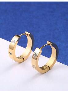 1pair Exquisite Stainless Steel Cubic Zirconia Decor Hoop Earrings For Women For Daily Decoration - Vàng - Xem 11