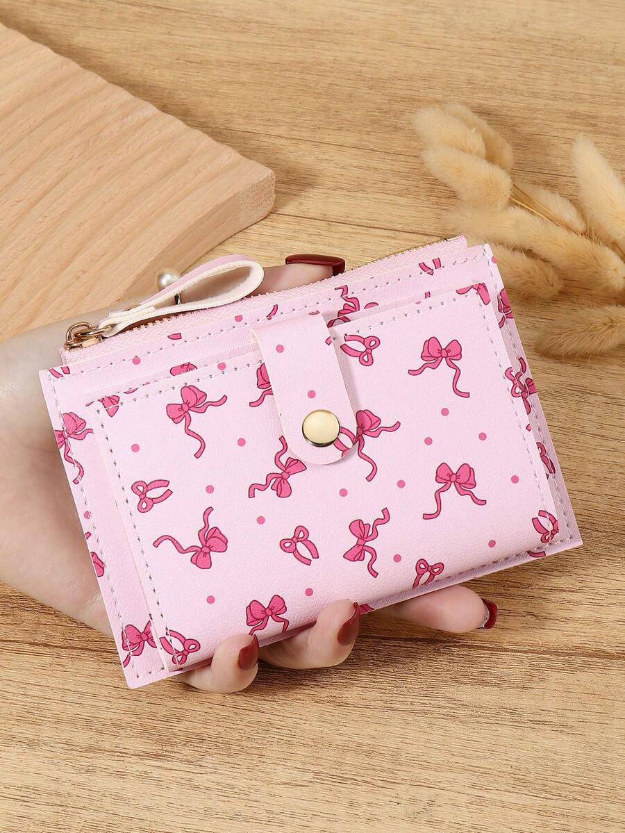 粉色蝴蝶结爱心图案扣时尚卡夹轻薄便携现金身份证信用卡零钱袋适用于生日礼物周年纪念圣诞节情人节情侣女士女孩青少年大学生学校学生包学校用品适用于学校宿舍和返校