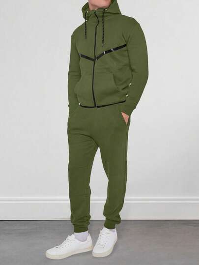 LoveMyFashions 2pcs Men's Tracksuit Contrast Color Front Zip Hooded Long Sleeve Jacket And Full Length Drawstring Waist Pants Casual Outfit