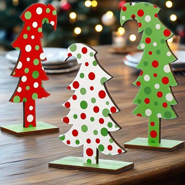 3-Pack Bendable Wooden Christmas Tree Desktop Decor, Rectangular Base, Suitable For Home And Office Holiday Decoration, For Christmas, New Year And Valentine's Day