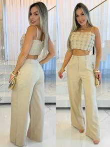Women's Tailored Wide Leg Trousers With Button And Zipper - Cream - View 2