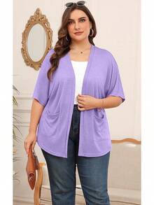 Womens Short Sleeve Kimono Cardigans Lightweight Summer Cardigan Casual Loose Beach Cover Up Curved Hem With Pockets - A12-purple - View 2