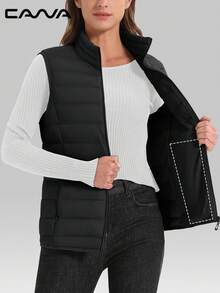 Cavva 女士轻便背心外套，防水柔软无袖保暖夹克，适合徒步、露营、跑步等户外活动，黑色，春季款 - 黑色 - 查看 5