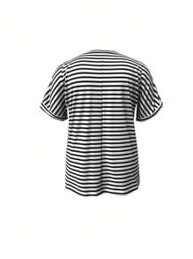 Contrast Black & White Stripe Button V-Neck Short Sleeve Blouse