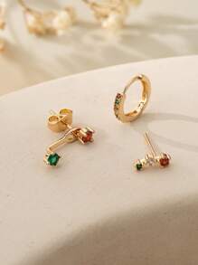 3pcs Colorful Cubic Zirconia Stone Earring Set, Minimalist Design Copper Jewelry Suitable For Daily, Dating, Party Wear