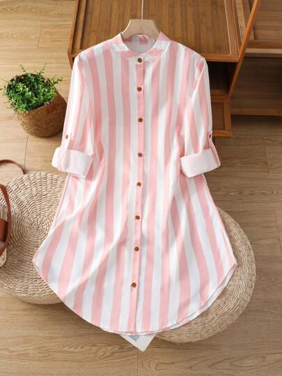 Women's Striped Button Down Shirt Casual Longline Round Neck Roll Up Sleeve Festival Ready Spring Summer Fall,Fall Clothes For Women