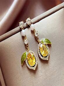 1 Pair Rhinestone Lemon Fruit Designed Luxury Elegant Long Earrings, Delicate Jewelry Accessory For Women, Suitable For Daily Casual Wear