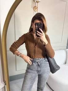 Knitted Cropped Cardigan Jacket With Ribbed Fashion Zipper - 查看 2