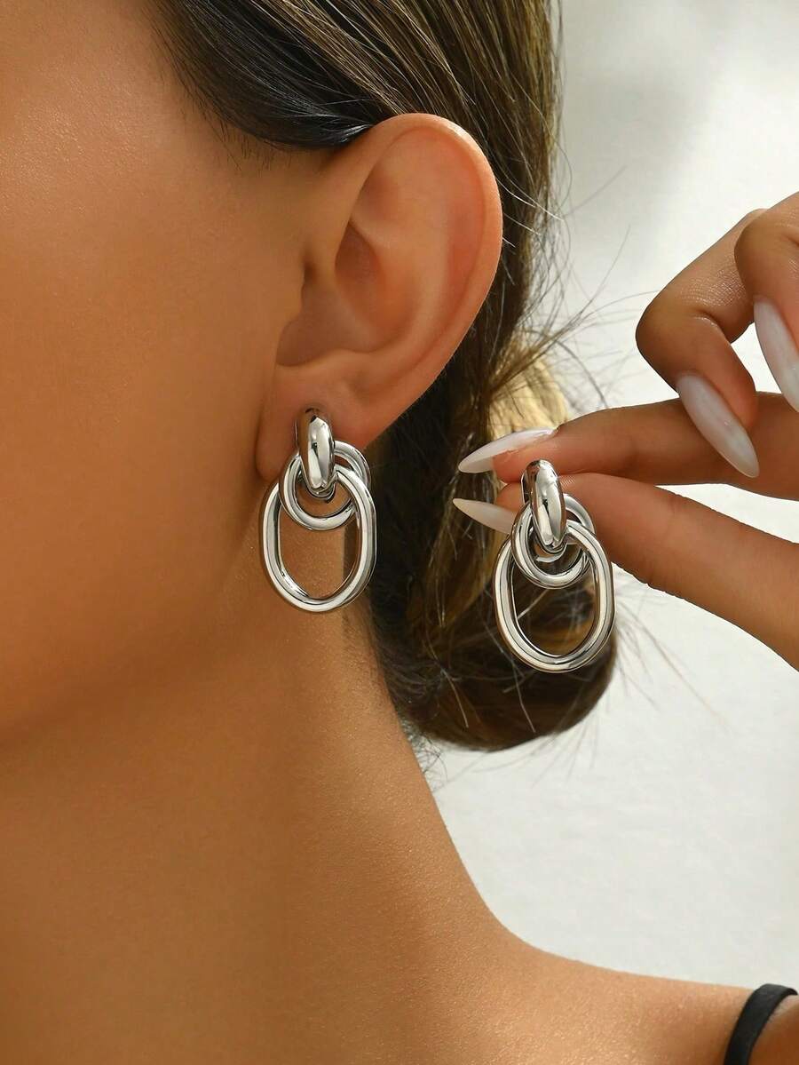 1 Pair Minimalist Metallic Multi-Loop Knot Stud Earrings For Women, Suitable For Daily Wear - Silver - View 1