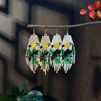 AHAYA Original Bohemian Style Beaded Tassel Earrings With Parrot Elements, Handmade Woven Tassel Pendant Earrings, Elegant & Cute Women's Jewelry, Suitable For All Seasons Daily Wear, Valentine's Day & Sister's Day Gift