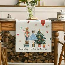 1-Piece Set Of Linen Nutcracker Table Runner - Designed With Holiday Nutcracker And Ballet Dancer, Featuring The Words "Merry Christmas", A Indoor And Outdoor Holiday Table Cover Suitable For Kitchen, Dining, And Party Decoration, Christmas Table Cloth, Nutcracker Theme, Seasonal Decorative Fabric, Home Decor. - Multicolor - View 2