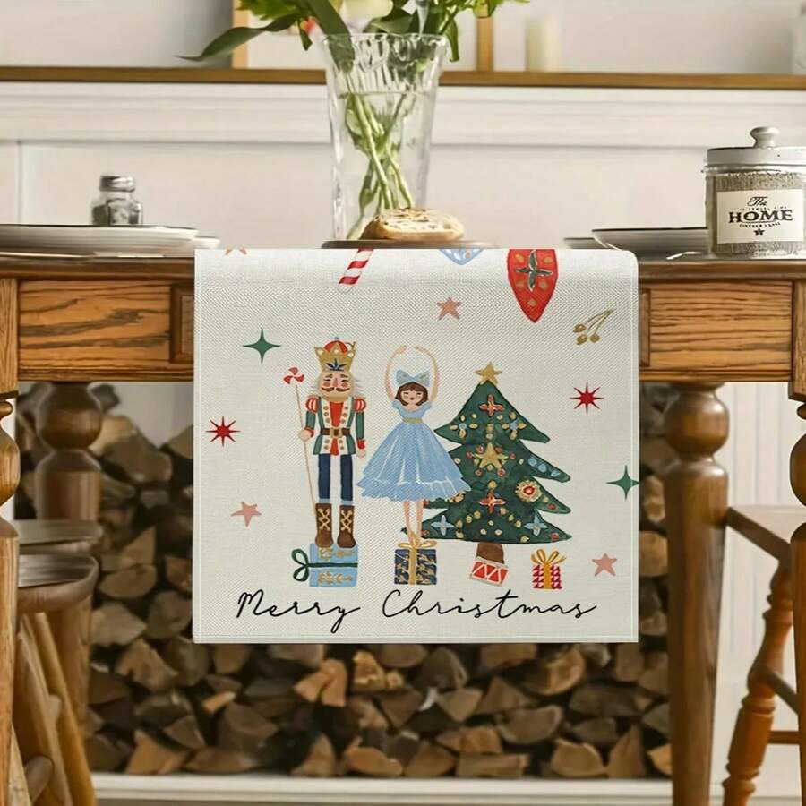 1-Piece Set Of Linen Nutcracker Table Runner - Designed With Holiday Nutcracker And Ballet Dancer, Featuring The Words "Merry Christmas", A Indoor And Outdoor Holiday Table Cover Suitable For Kitchen, Dining, And Party Decoration, Christmas Table Cloth, Nutcracker Theme, Seasonal Decorative Fabric, Home Decor.