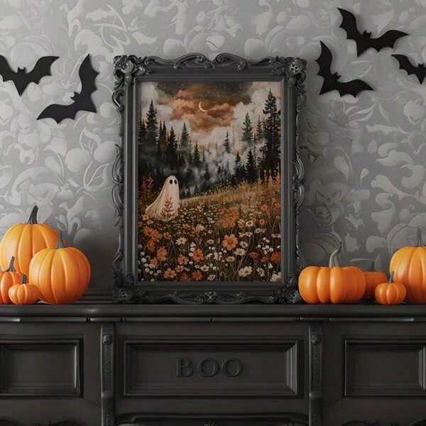 1 pieza Cuadro de arte de pared con un fantasma en un prado de bosque encantado, póster de temporada de otoño, impresión en lienzo con un diseño encantador y tenebroso, decoración navideña caprichosa para granja, sala de estar u oficina, regalo para ella, sin marco