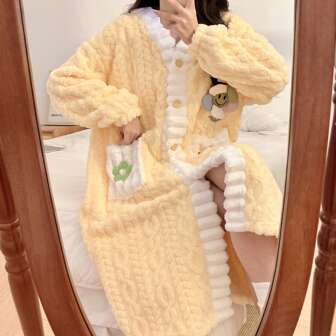 Women's Plus Size Coral Fleece Bathrobe & Sleepwear Set, Thick & Warm, Autumn/Winter