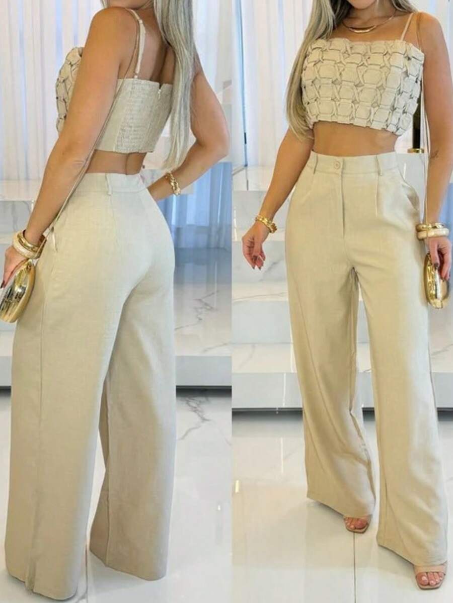 Women's Tailored Wide Leg Trousers With Button And Zipper - Cream - View 1